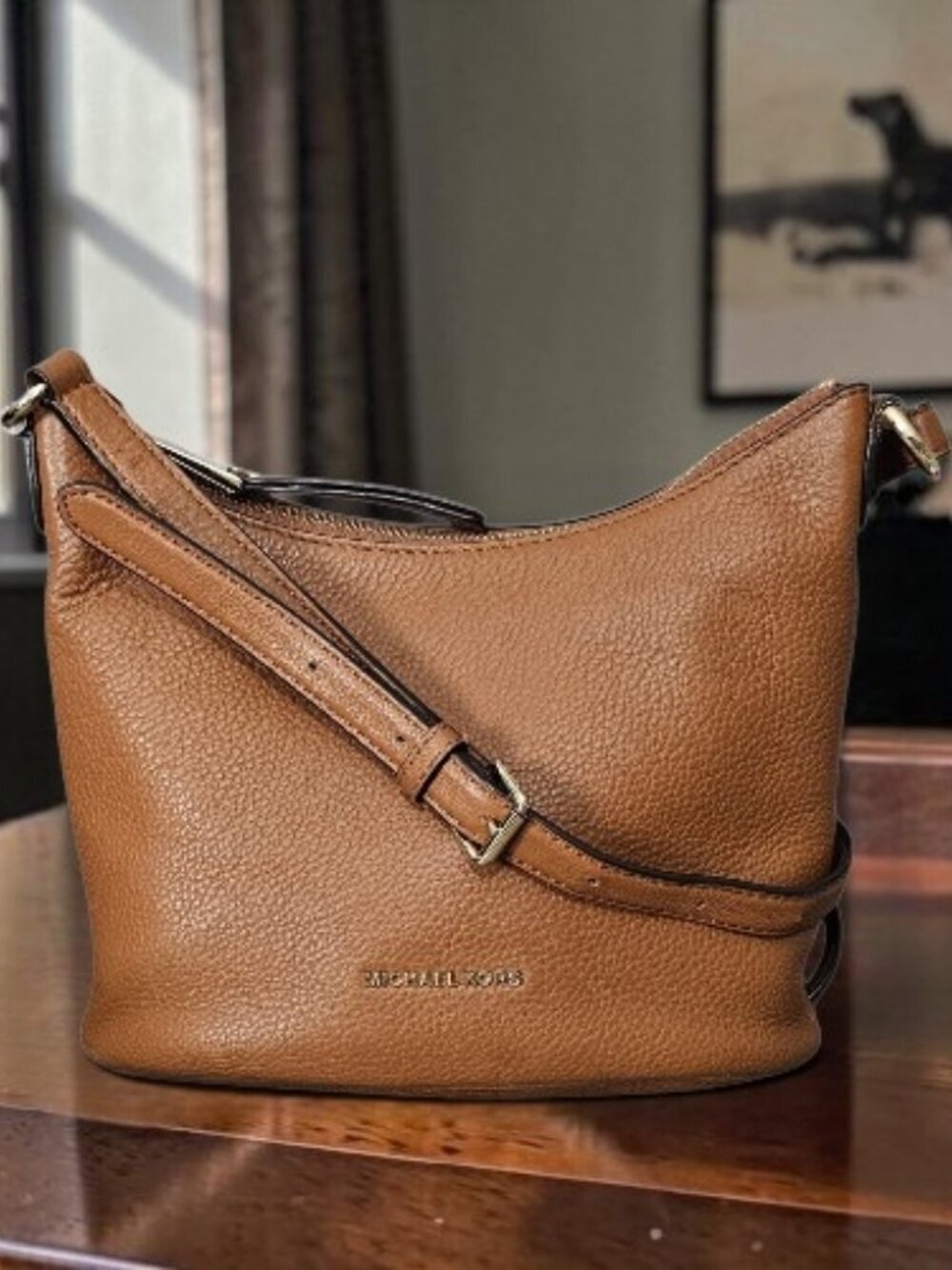 Michael Kors Lupita Pebble Leather Hobo Messenger Shoulder Bag COA Brown